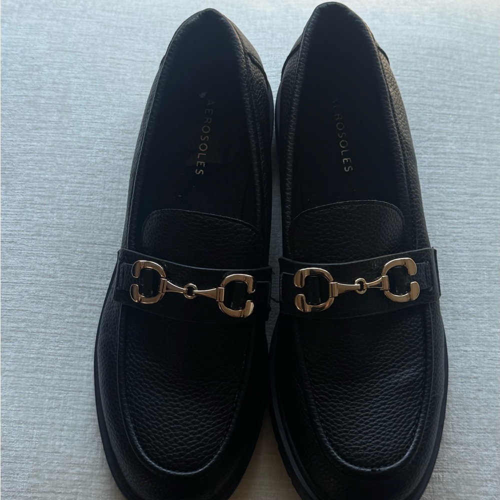 AEROSOLES Black Faux-Leather Loafers with Gold Accent